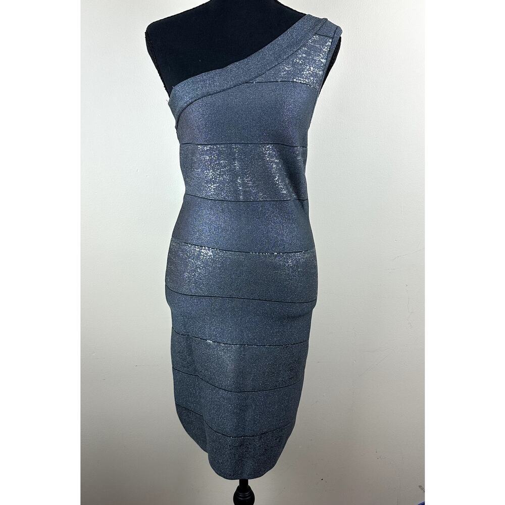 Bebe One Shoulder Bandage Dress Metallic Gray Bodycon Party Cocktail Y2K Size M